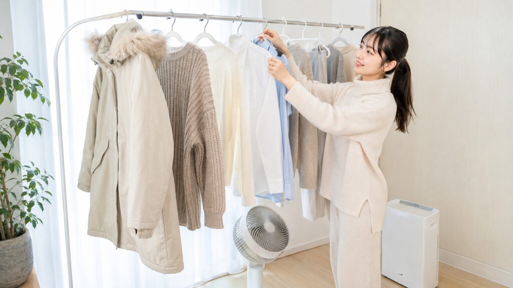 サーキュレーターと除湿機を使いながら、室内干しの洗濯物を整えている若い日本人女性