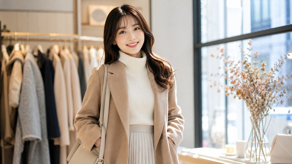 冬服でも若返って見えることに喜ぶ女性の姿