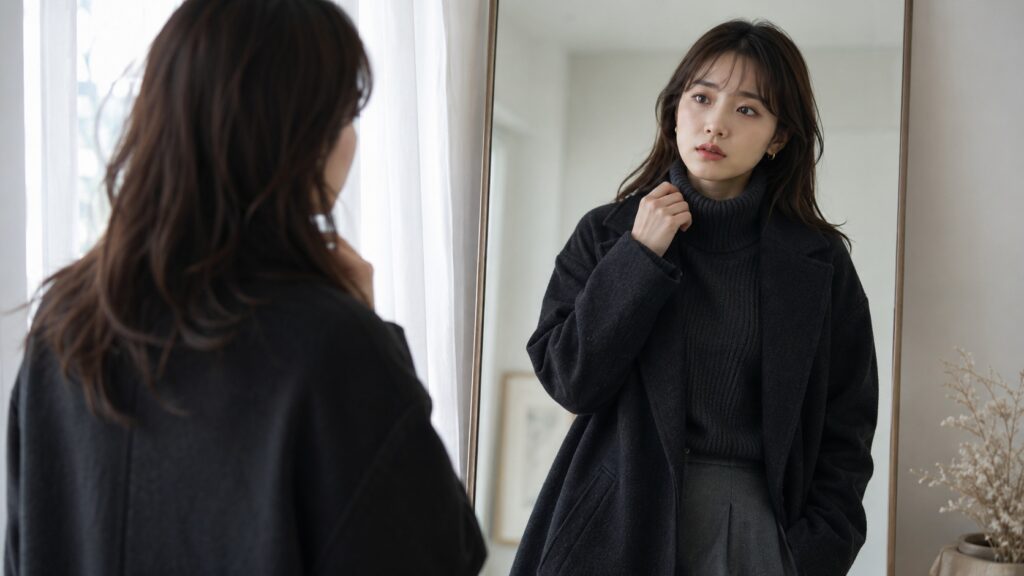 鏡を見て冬服が老けて見えることに悩む女性の姿