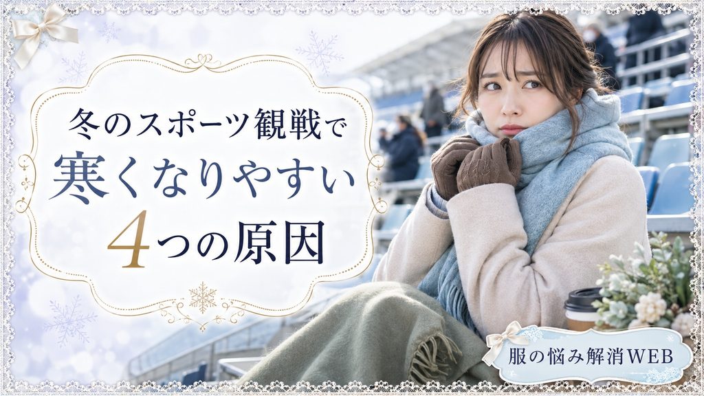 冬の屋外スタジアムで防寒着を着ても寒そうにしている女性と「冬のスポーツ観戦で寒くなりやすい4つの原因」の見出し画像