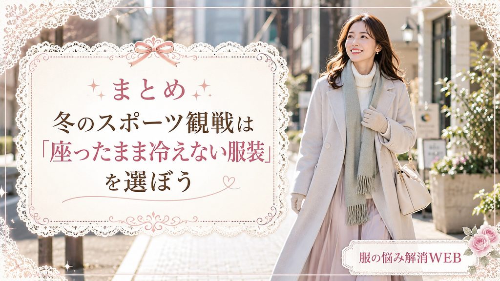 暖かい冬服とマフラーを着用して街中を笑顔で歩く女性と「冬のスポーツ観戦は座ったまま冷えない服装を選ぼう」のまとめ画像