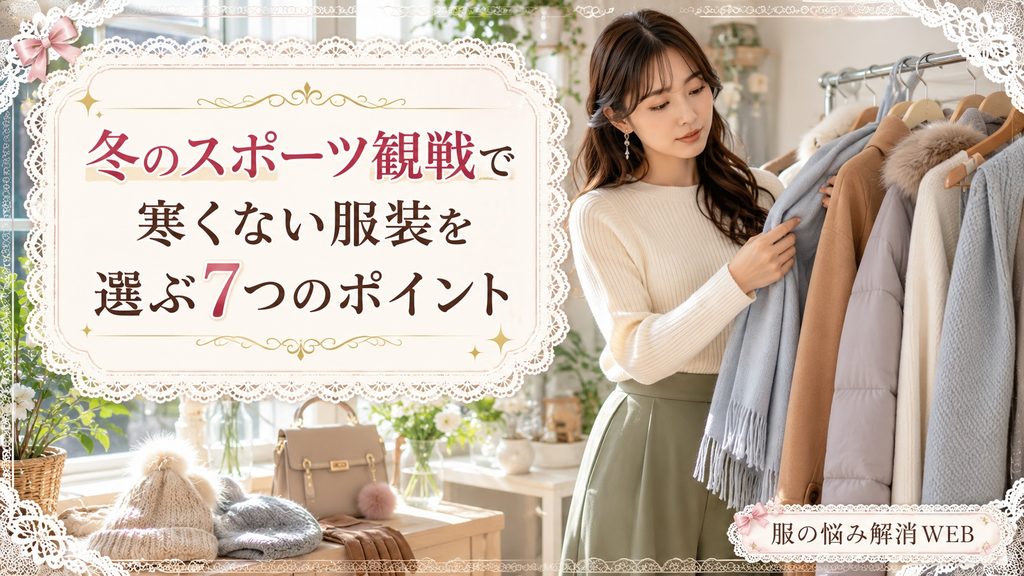 冬のスポーツ観戦に着るコートやマフラーなどの防寒アイテムを選んでいる女性と「寒くない服装を選ぶ7つのポイント」の見出し画像