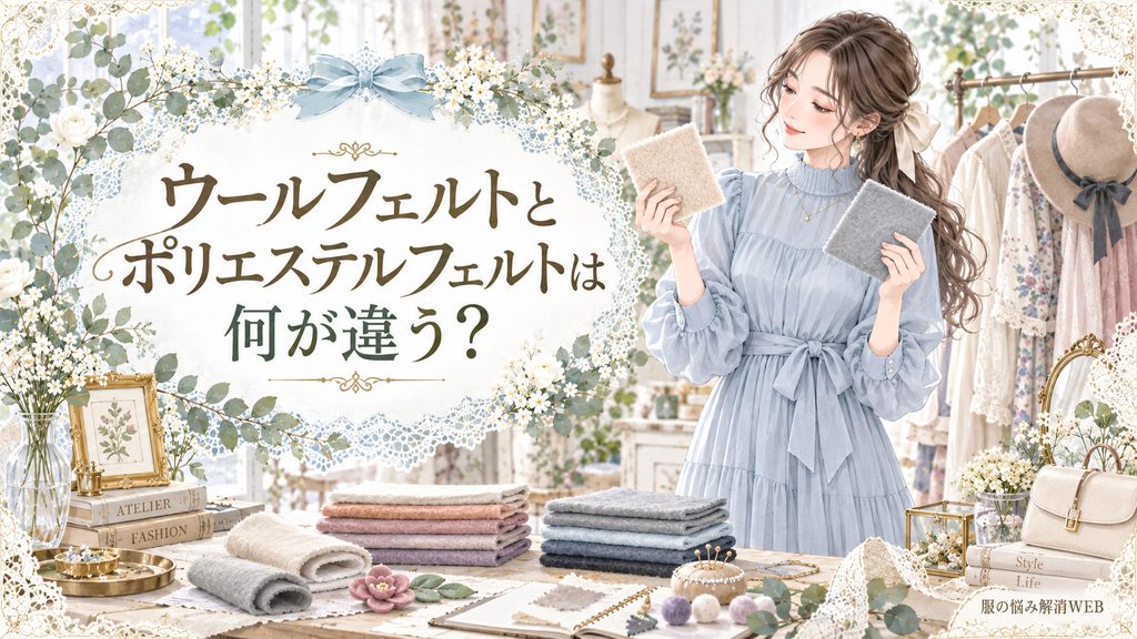 ウールフェルトとポリエステルフェルトの生地を手に取り、違いを比較する女性のイラスト