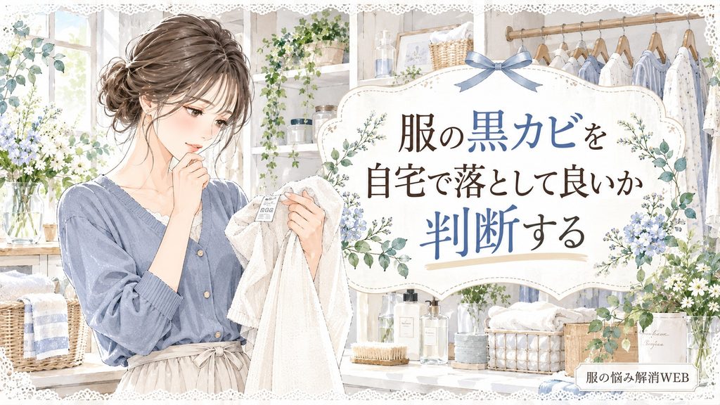 衣類の洗濯表示を確認し、黒カビを自宅で落とせるか判断する女性のイラスト
