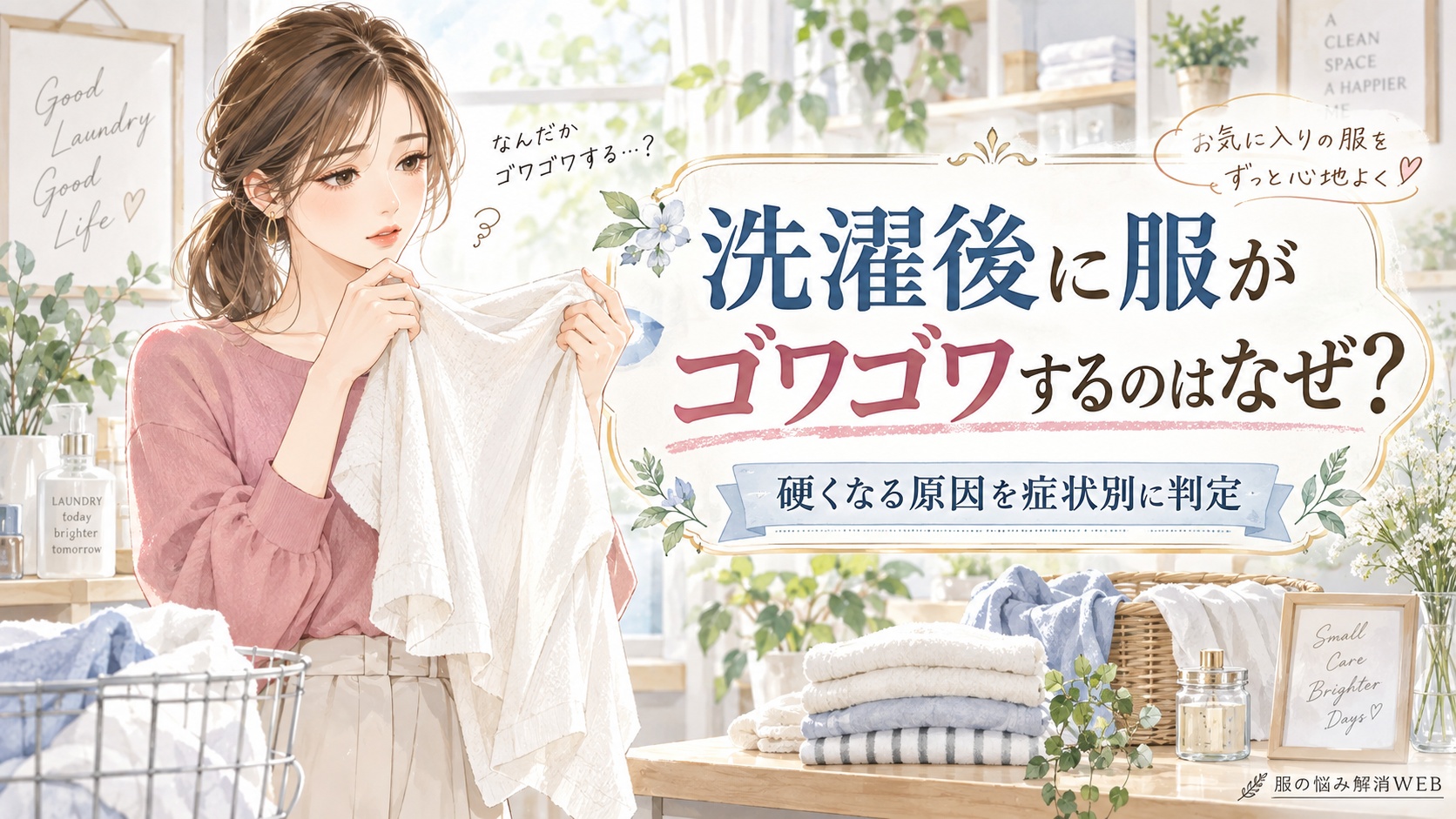 洗濯後の白い服を手に取り、ゴワゴワした手触りを確認する女性のイラスト。「洗濯後に服がゴワゴワするのはなぜ？」と「硬くなる原因を症状別に判定」の文字入り。