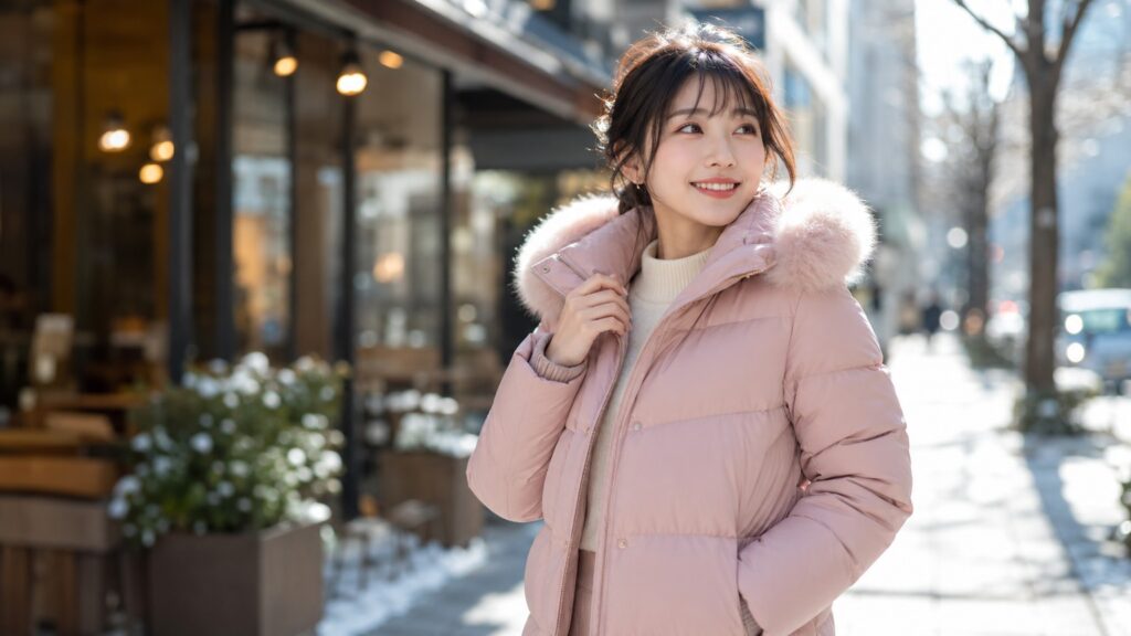 淡いピンクのダウンジャケットを着て、冬の街中を気持ちよさそうに歩く若い日本人女性