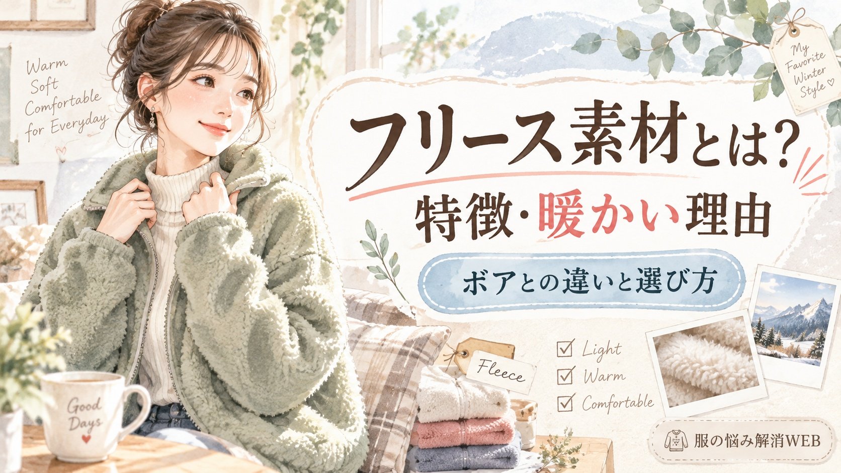 フリース素材の特徴や暖かい理由、ボアとの違いと選び方を紹介する女性向けファッションイラスト