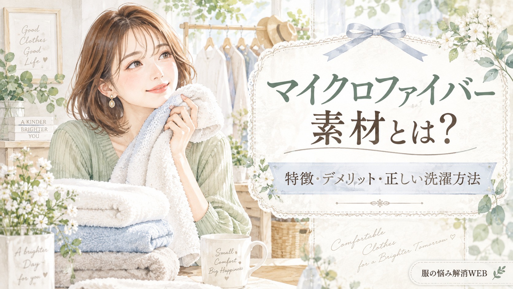 マイクロファイバー素材のやわらかな手触りをイメージしたタオルを持つ女性と、特徴・デメリット・正しい洗濯方法を紹介する上品なイラスト風サムネイル画像
