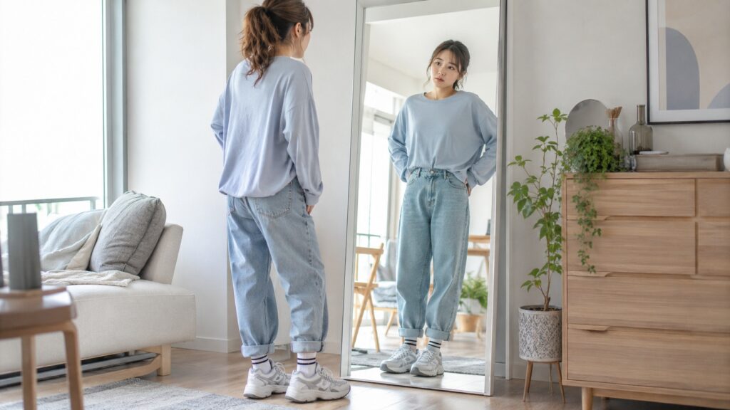 鏡の前でスニーカーとデニムのバランスを確認する日本人女性