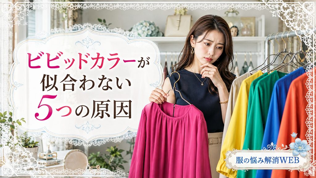 鮮やかな色の洋服を見ながらビビッドカラーが似合わない原因を考える女性