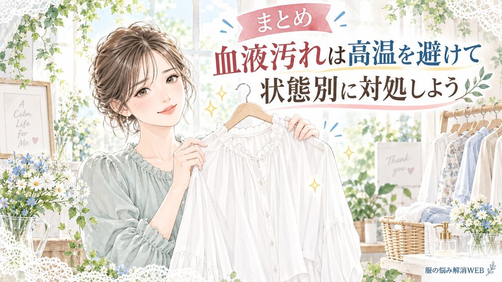 高温を避けて血液汚れを適切に処理し、きれいになった衣類を確認する女性のイラスト