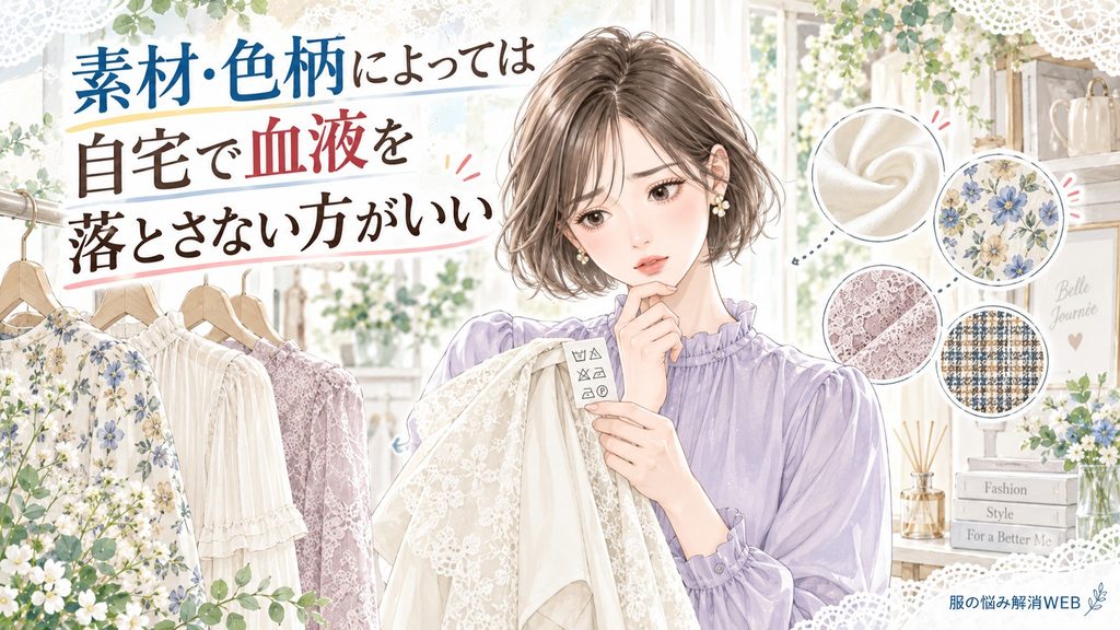 血液汚れを処理する前に衣類の素材や色柄、洗濯表示を確認する女性のイラスト