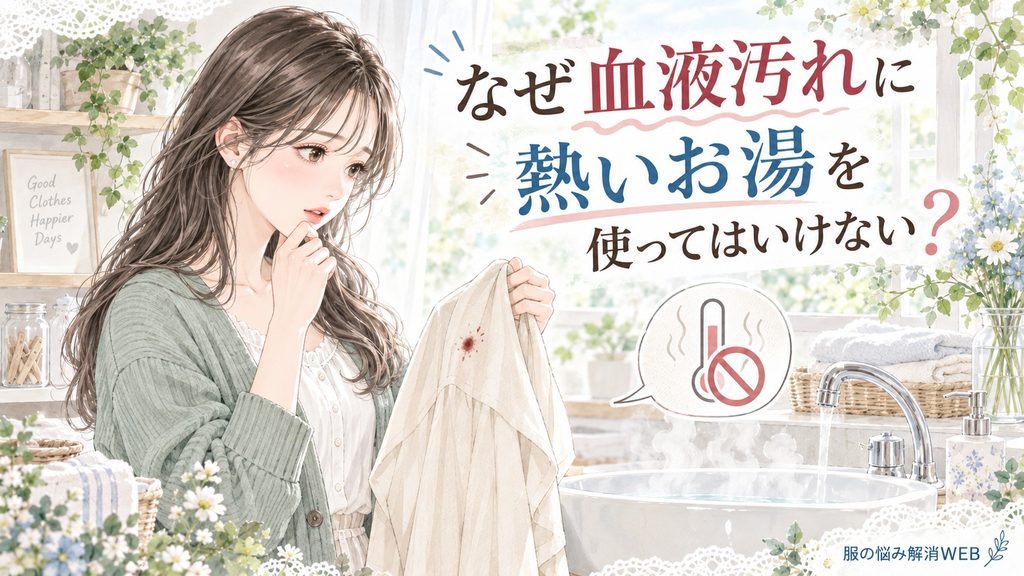 血液汚れがついた衣類を持ち、熱いお湯を使わないよう注意する女性のイラスト