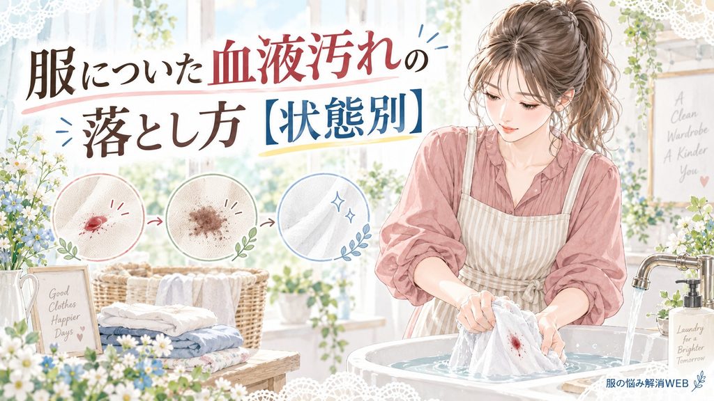 服についた血液汚れを付着状態に合わせて水で洗って落とす女性のイラスト