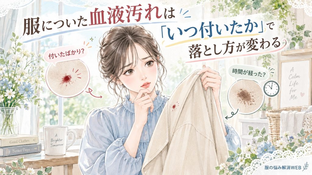 服についた血液汚れを見ながら、付いた直後と時間が経った場合の違いを確認する女性のイラスト