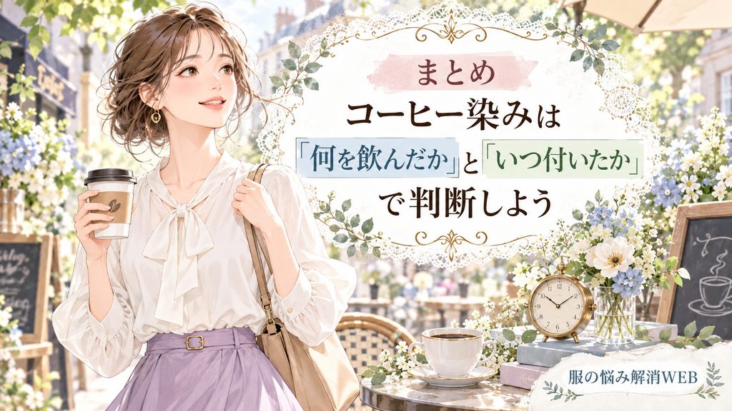 コーヒーの種類とシミが付いた時間を確認して適切な対処を選ぶ女性のイラスト