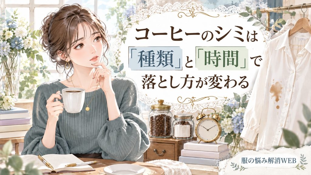 コーヒーの種類と時間によってシミの落とし方が変わることを考える女性のイラスト