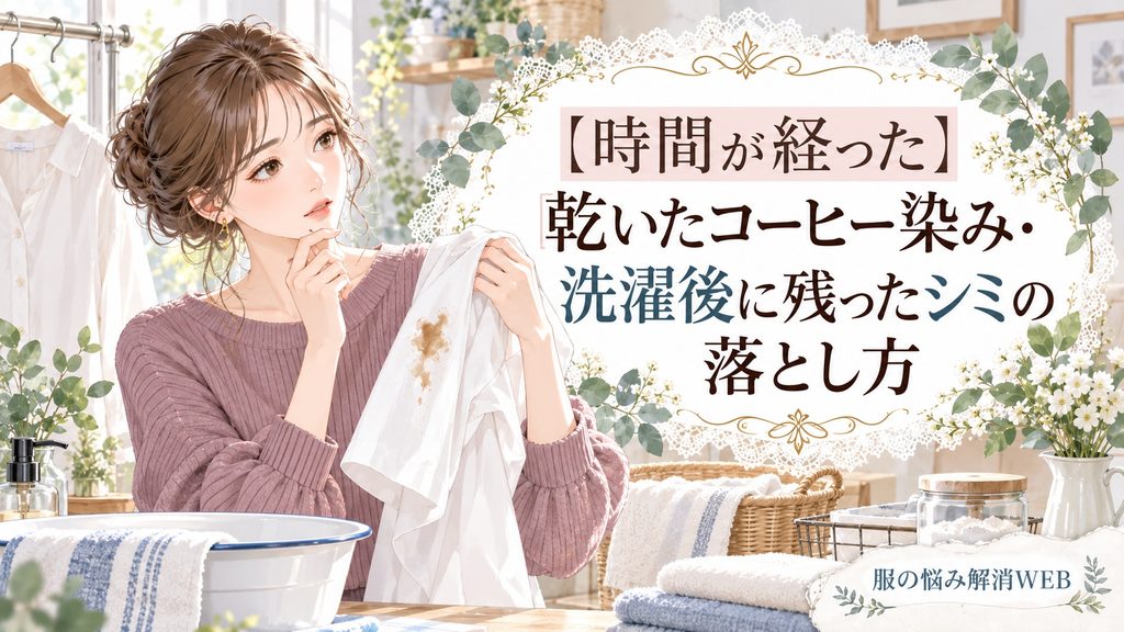 時間が経って乾いたコーヒー染みが残った白い服を確認する女性のイラスト