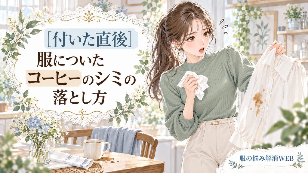服についた直後のコーヒーのシミをティッシュで対処しようとする女性のイラスト