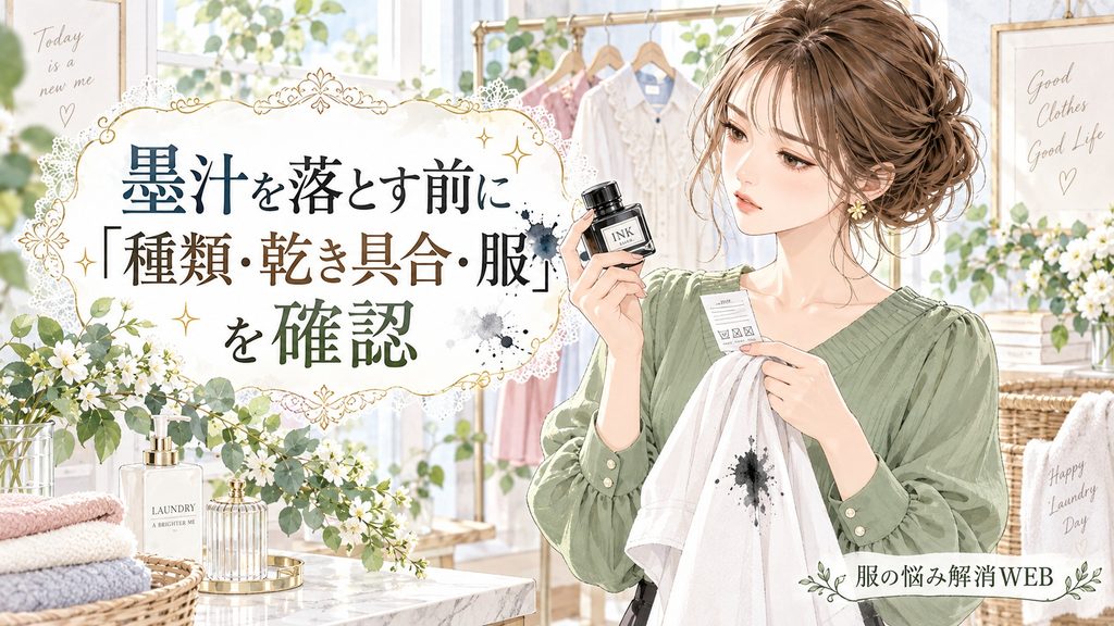 墨汁の種類や洗濯表示、汚れの乾き具合を確認する女性のイラスト