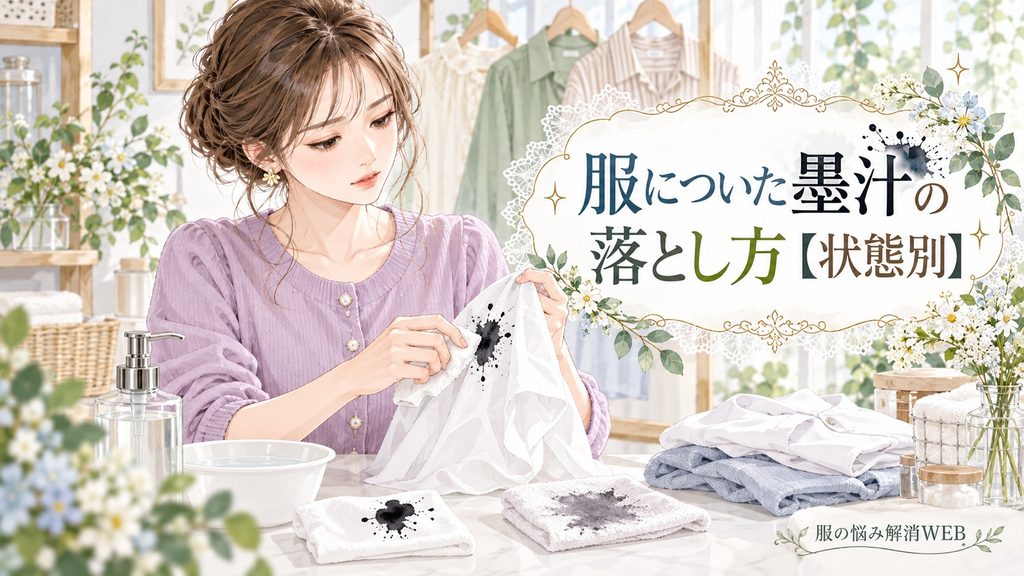 墨汁が付いた服を状態別に確認しながらシミ抜きする女性のイラスト