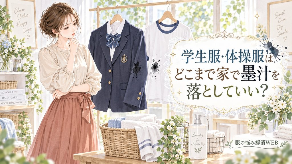 墨汁が付いた学生服と体操服を前に家庭での処理を考える女性のイラスト