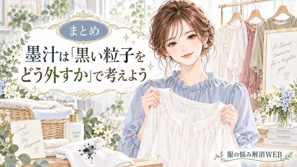 墨汁の黒い粒子を取り除くポイントをまとめた女性向け洗濯イラスト