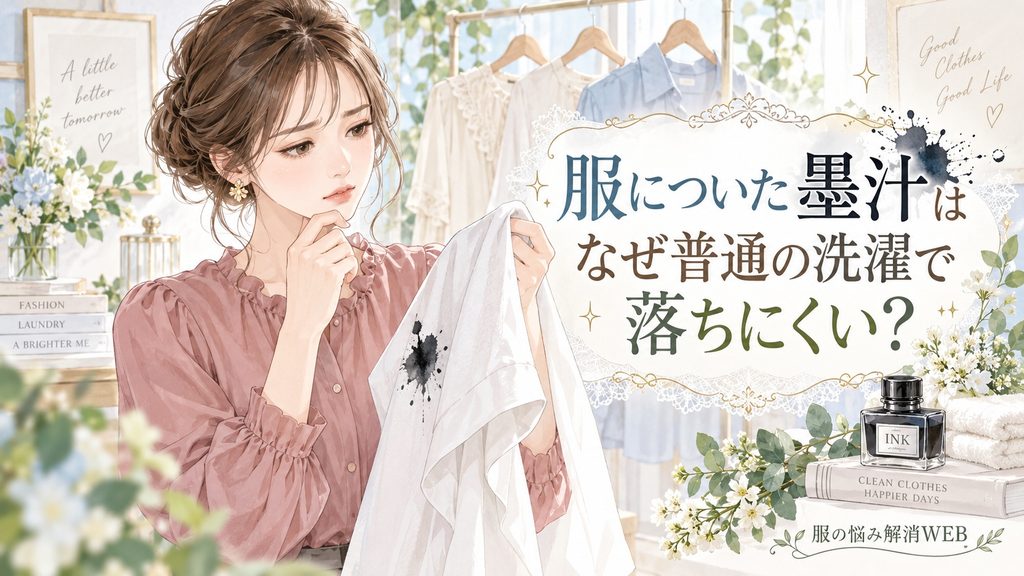 墨汁が付いた白い服を見ながら落ちにくい理由を考える女性のイラスト