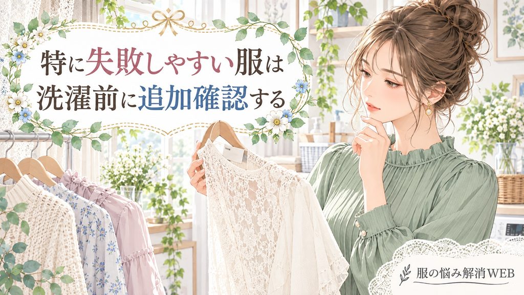 レースやニットなど失敗しやすい服を洗濯前に確認する女性のイラスト
