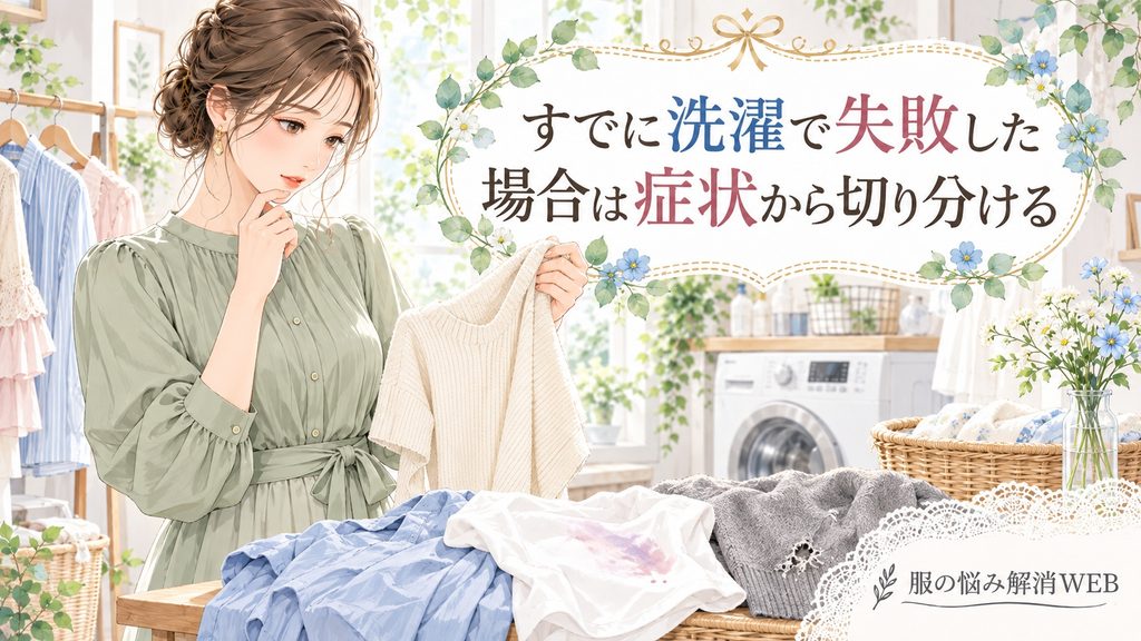 縮みや色移りなど洗濯後の衣類トラブルを確認する女性のイラスト
