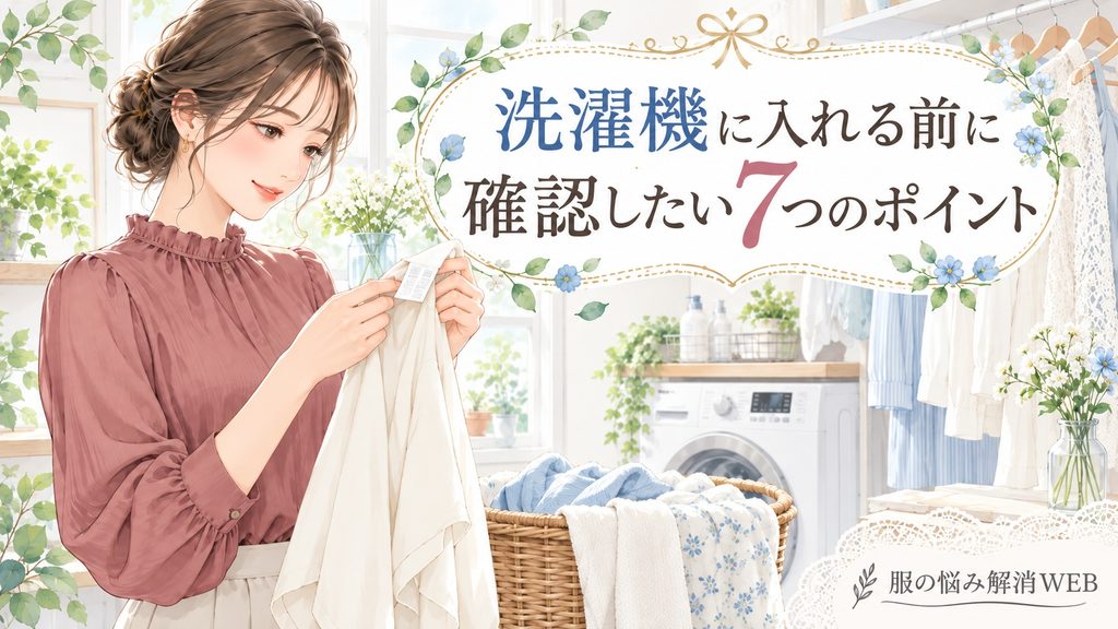 洗濯前に衣類のタグを確認する女性と洗濯機のイラスト