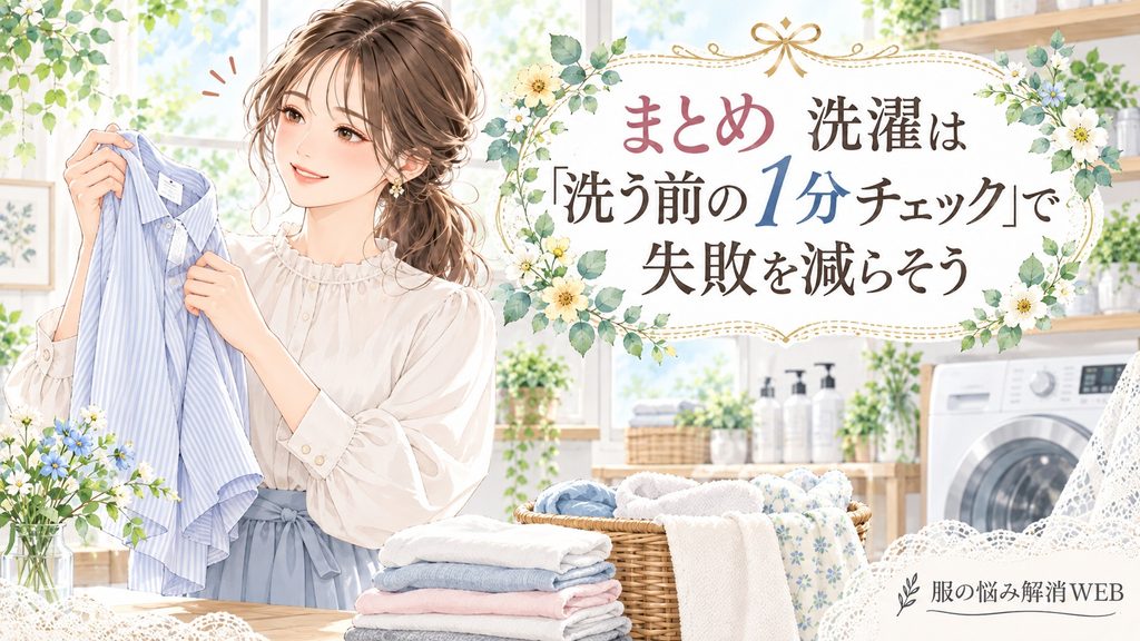 洗濯前に衣類を確認して失敗を防ぐ女性のイラスト