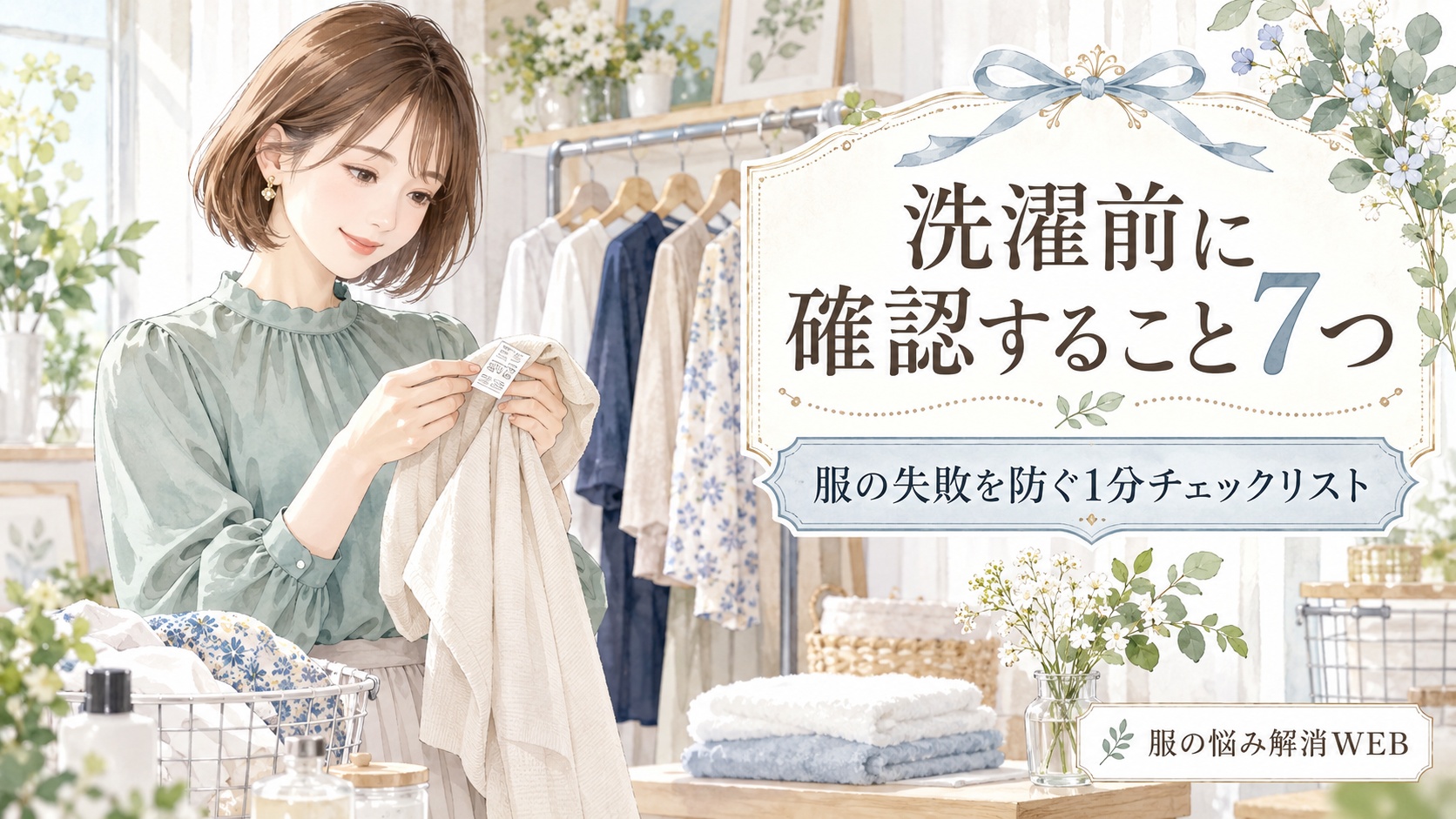 洗濯前に衣類タグを確認する日本人女性と、チェックリスト風のタイトルを描いた上品なブログ用サムネイル画像