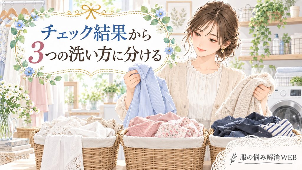 洗濯前に衣類を3つの洗い方に仕分けする女性のイラスト