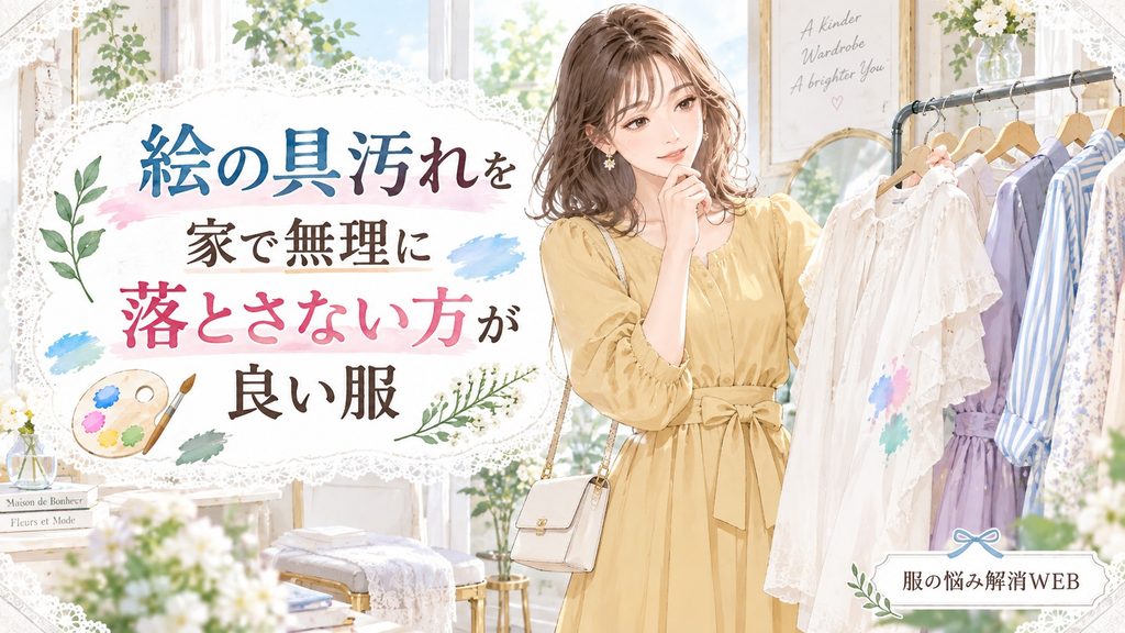 絵の具汚れがついたデリケートな服を確認する女性のイラスト