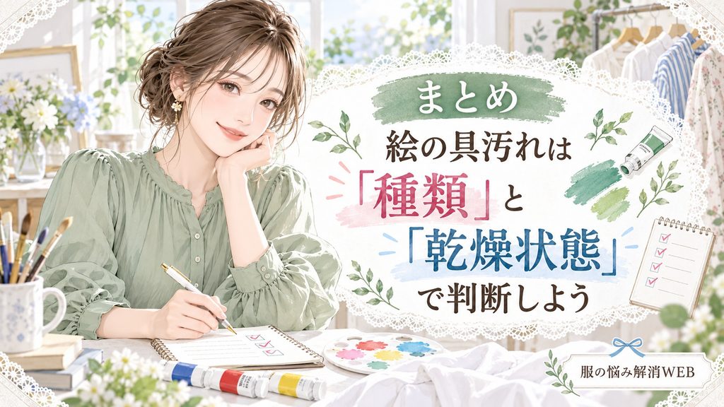 絵の具汚れの種類と乾燥状態を確認するポイントをまとめたイラスト