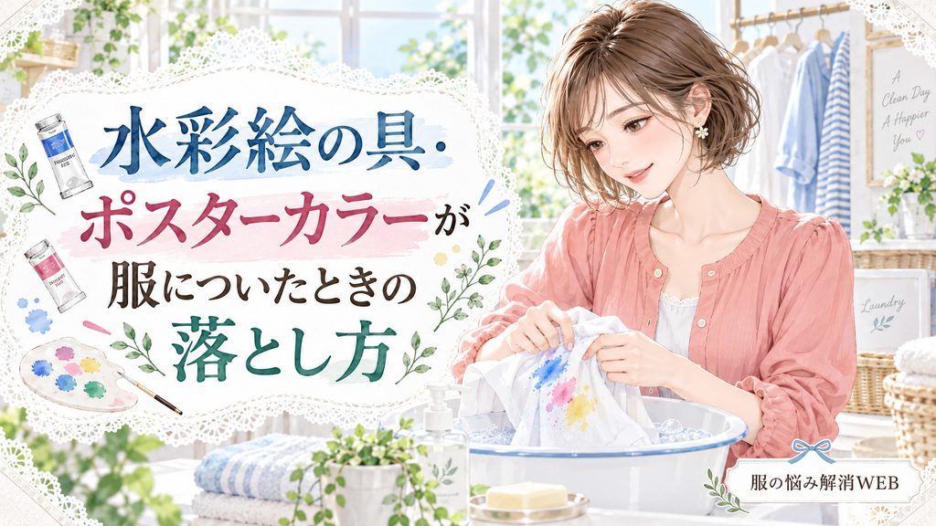 水彩絵の具やポスターカラーがついた服を洗う女性のイラスト