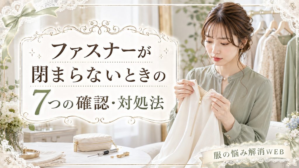 閉まらないファスナーの状態を確認し、対処方法を検討する女性のイメージ