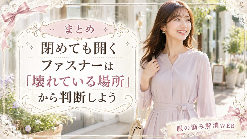 ファスナーの問題が解決したきれいな衣類を着て、明るい街中を歩く女性のイメージ