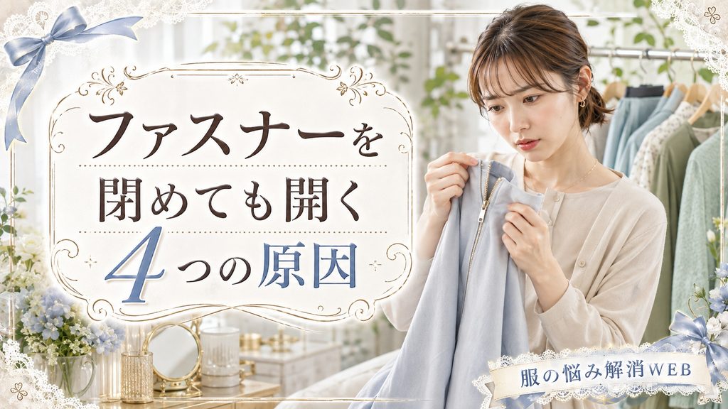閉めても開いてしまうファスナーを確認し、原因を調べる女性のイメージ