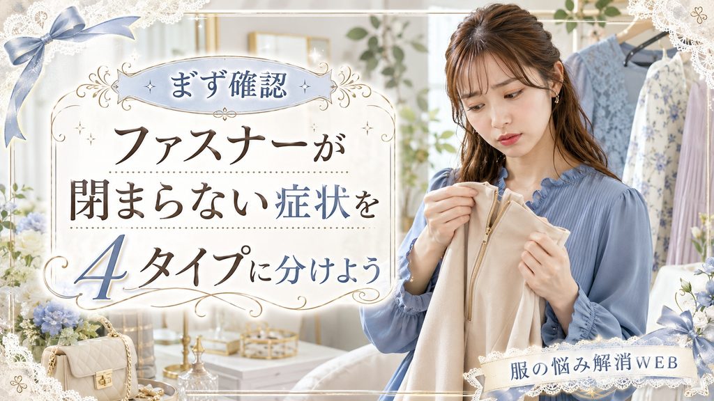 ファスナーが閉まらない衣類を手に取り、症状を確認する女性のイメージ