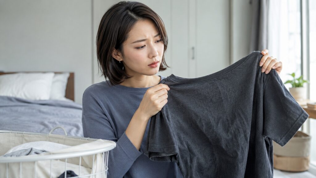 黒いコーマ綿のTシャツを見ながら毛羽立ちや色あせを確認する女性