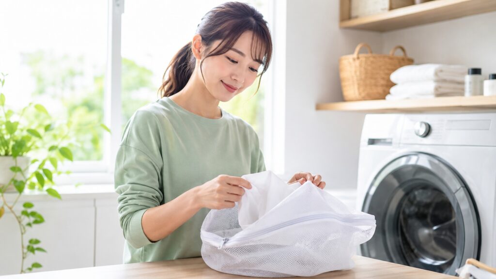 コーマ綿の衣類を洗濯ネットに入れてやさしく洗う準備をする女性