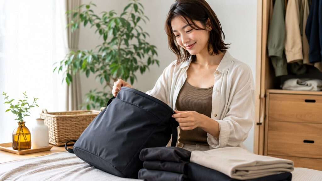 室内でコーデュラ素材のバッグと衣類を整理し、長く使うために保管する女性