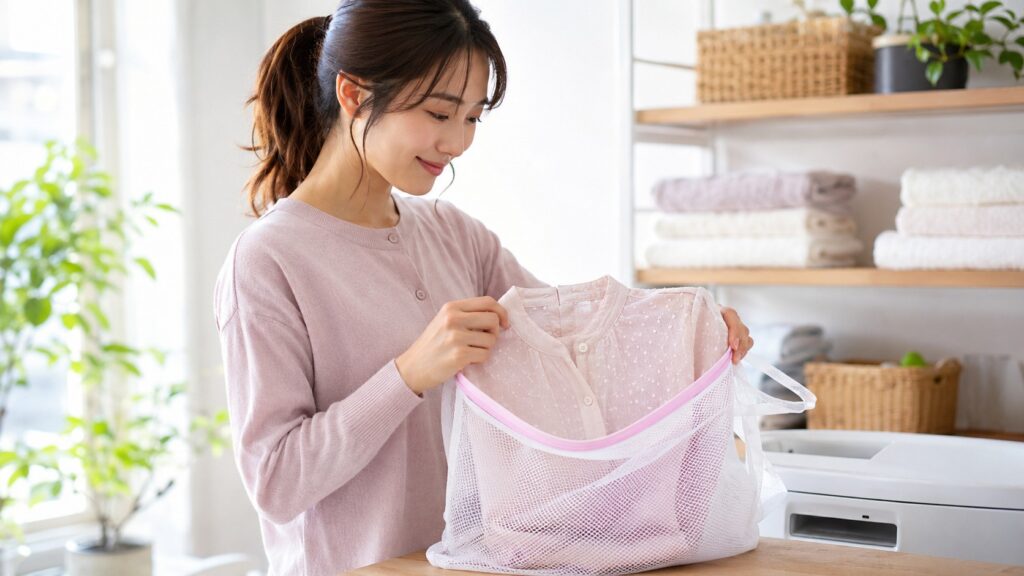 ドビー生地のブラウスを洗濯ネットに入れてやさしく洗う準備をする女性
