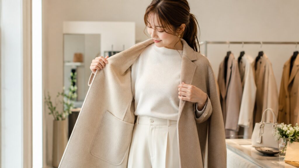 ベージュのダブルフェイスコートを開き、表裏の質感を確認する上品な女性