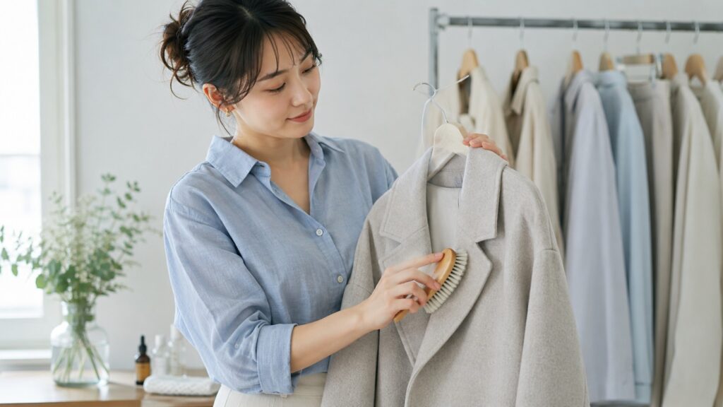 ダブルフェイスコートを洋服ブラシでやさしく手入れする女性