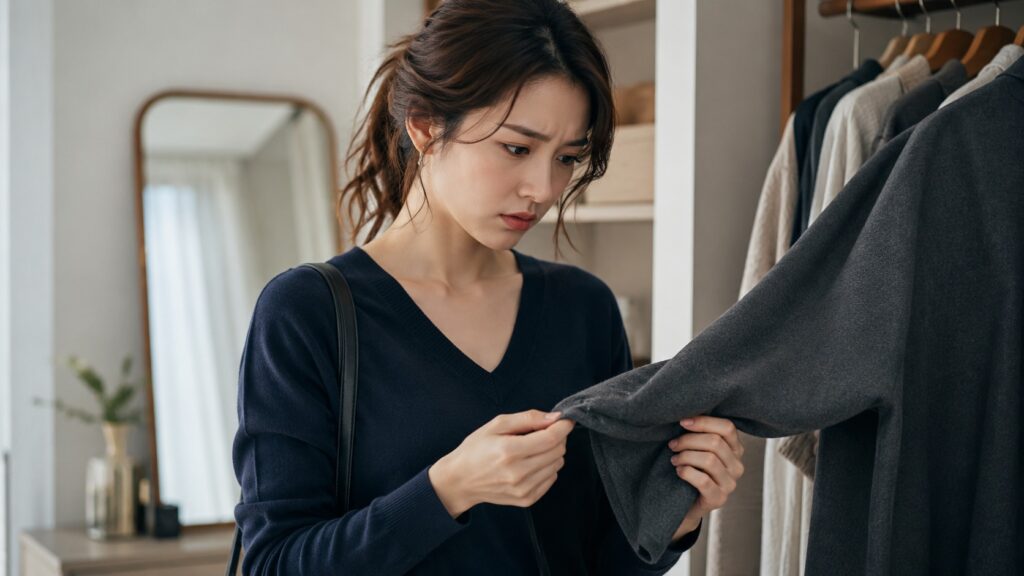 ダブルフェイスコートの袖口を確認し、毛羽立ちや傷みを気にする女性