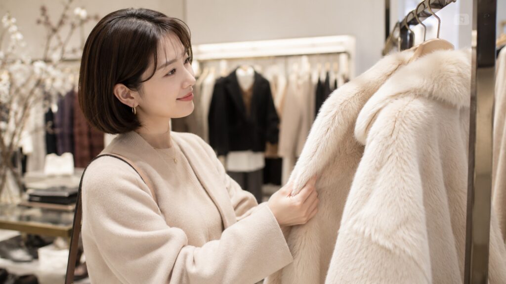 ブティックで白いフェイクファーコートの毛並みを確認する上品な女性