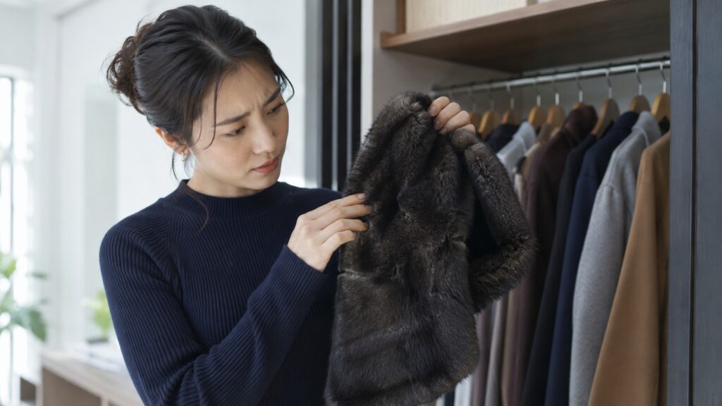 黒いフェイクファーの毛並みのつぶれや乱れを確認する女性